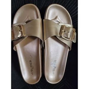 J/Slides NYC Womens‎ Metallic Gold Buckle Platform Slide Sandals Summer Size 8